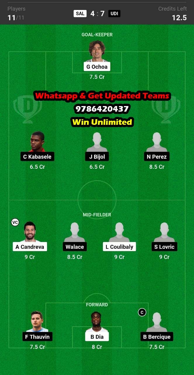 Sal Vs Udi Dream Team Fantasy Prediction Serie A