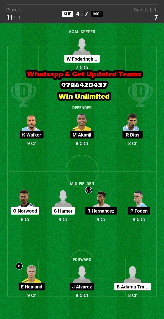 SHF vs MCI Dream11 Team fantasy Prediction Premier League