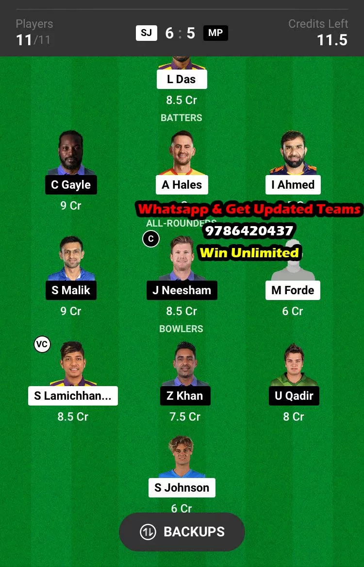 SJ vs MI 20th Match Dream11 Team fantasy Prediction Global T20 Canada