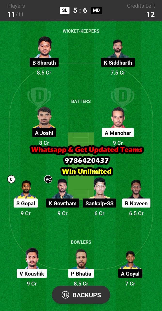 SL vs MD 23rd Match Dream11 Team fantasy Prediction Maharaja Trophy KSCA T20