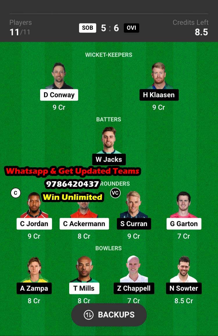 SOB vs OVI 26th Match Dream11 Team fantasy Prediction The Hundred