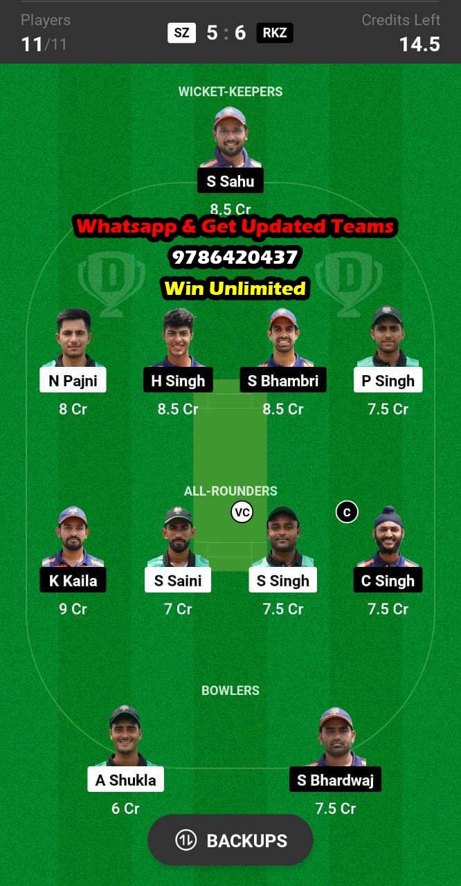 SZ vs RKZ 29th Match Dream11 Team fantasy Prediction Chandigarh T20