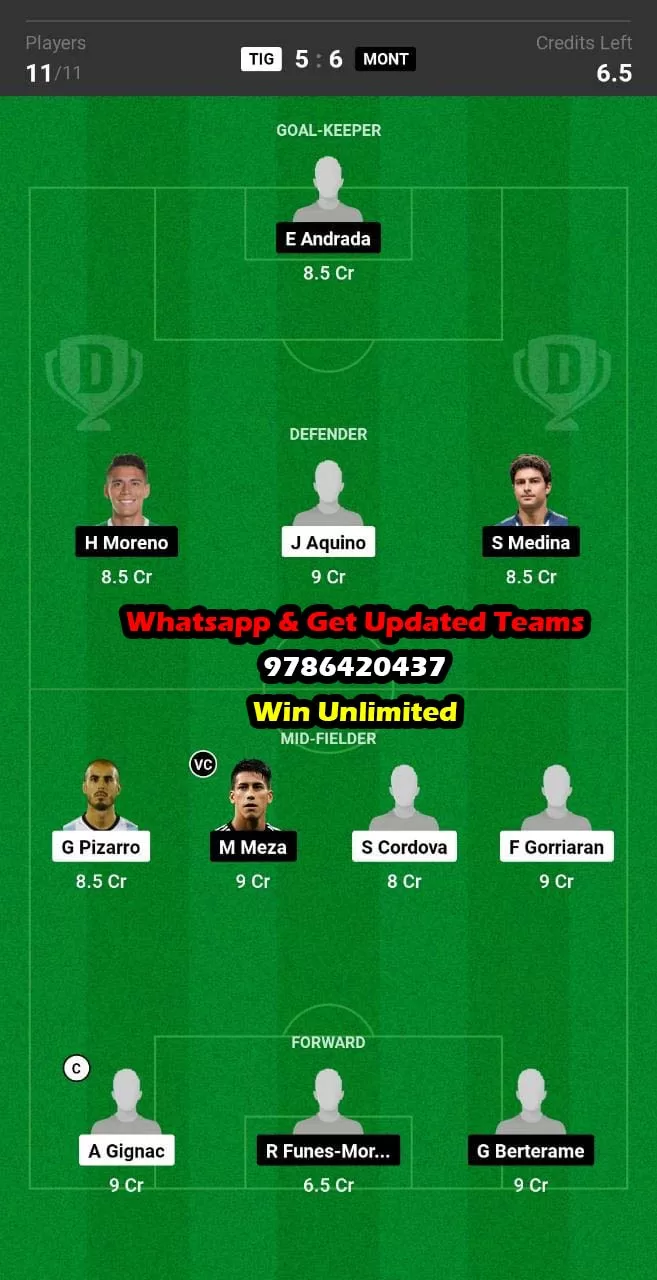 TIG vs MONT Dream11 Team fantasy Prediction Leagues Cup