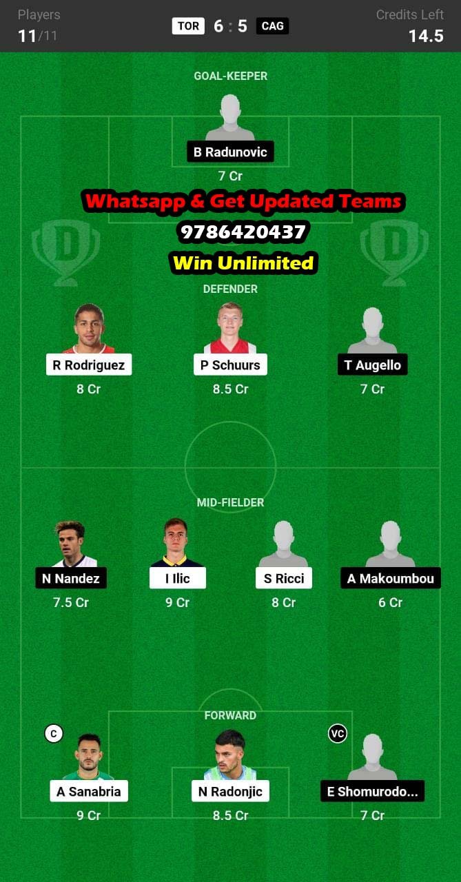 TOR vs CAG Dream11 Team fantasy Prediction Serie A