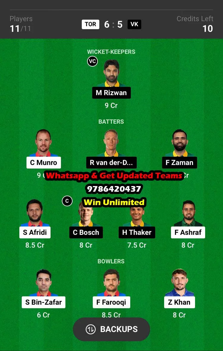 TOR vs VK 21st Match Dream11 Team fantasy Prediction Global T20 Canada