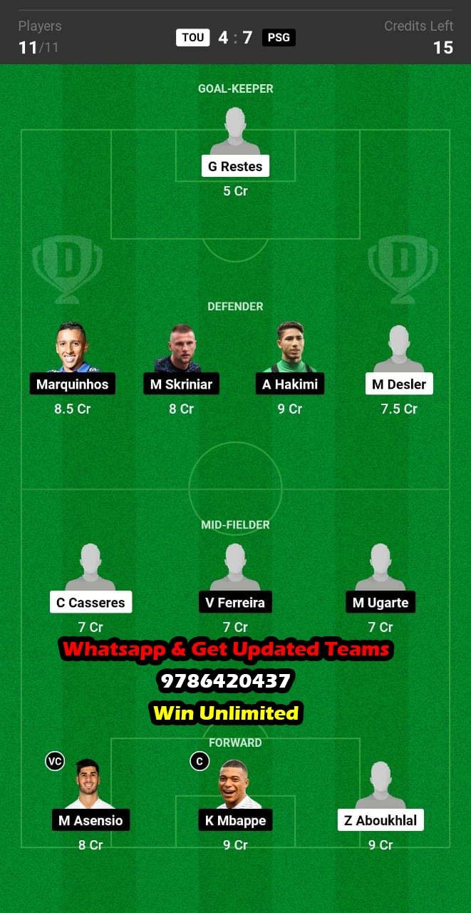 TOU vs PSG Dream11 Team fantasy Prediction Ligue 1