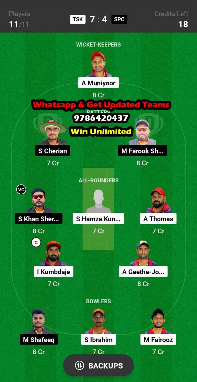 TSK vs SPC 10th Match Dream11 Team fantasy Prediction Kuwait Kerala PL T20