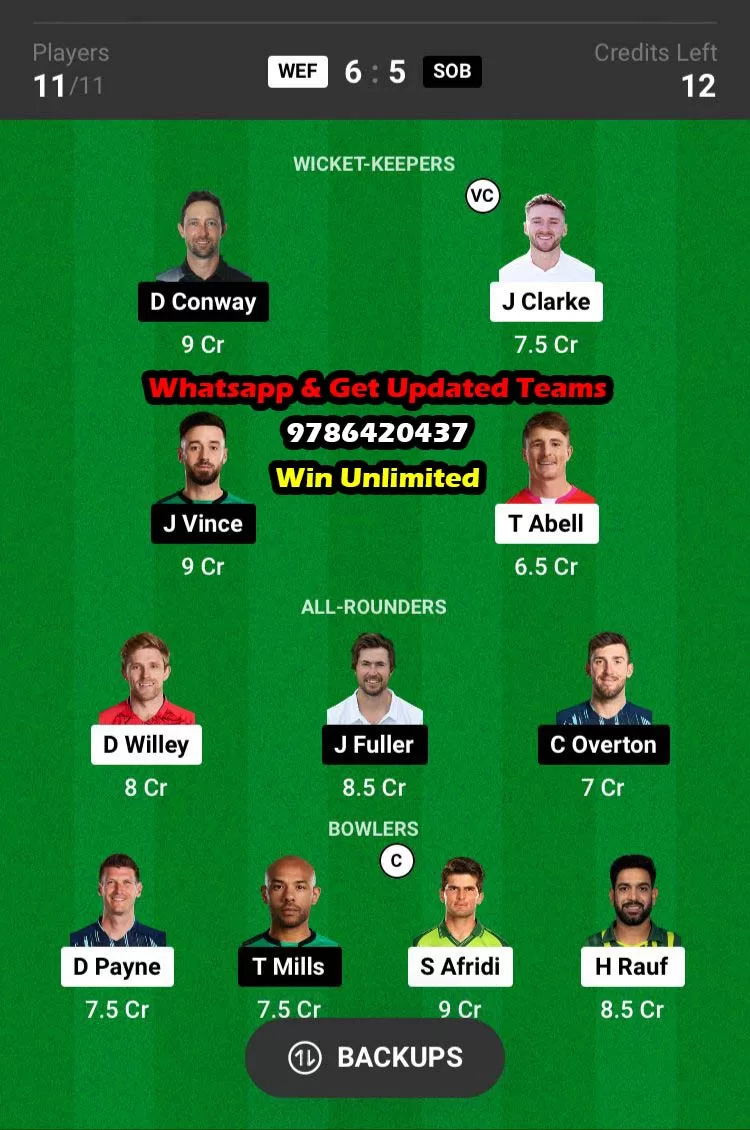 WEF vs SOB 17th Match Dream11 Team fantasy Prediction The Hundred Men