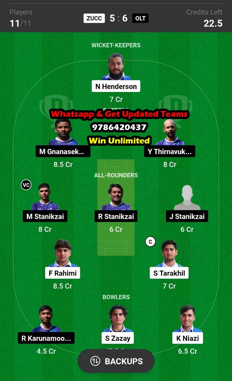 ZUCC vs OLT 41st Match Dream11 Team fantasy Prediction ECS Switzerland T10