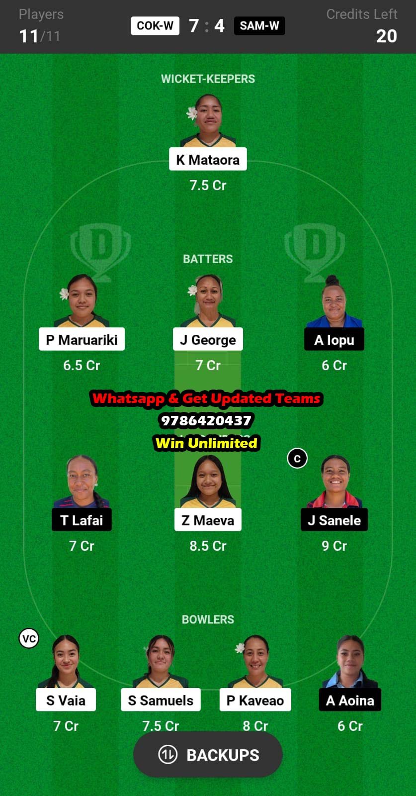 COK-W vs SAM-W 17th Match Dream11 Team fantasy Prediction ICC Women's World T20 EAP Qualifier 2023