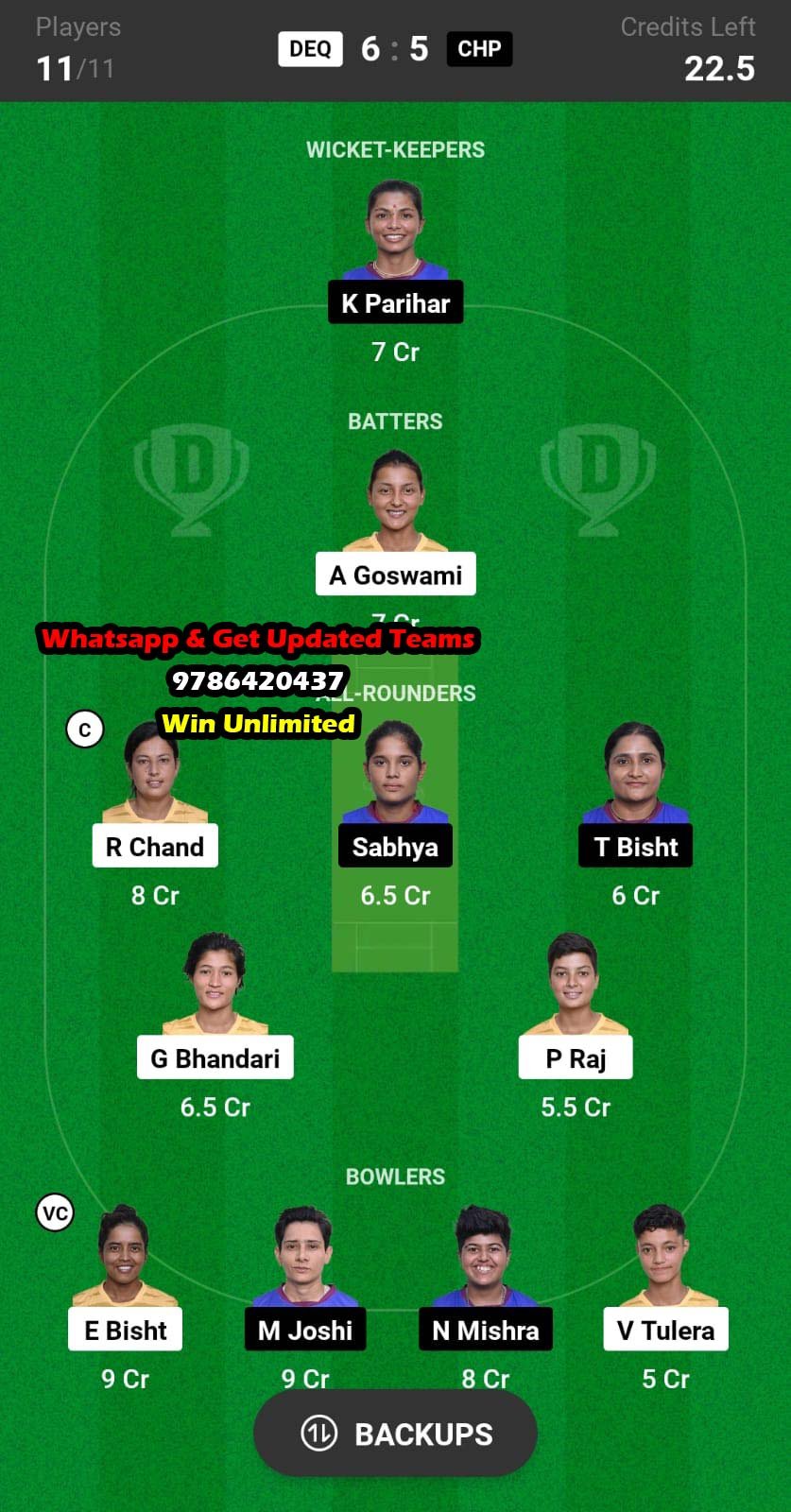 DEQ vs CHP 10th Match Dream11 Team fantasy Prediction Uttarakhand Women's T20 2023