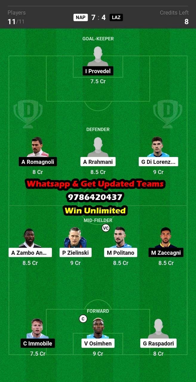 NAP vs LAZ Dream11 Team fantasy Prediction Serie A