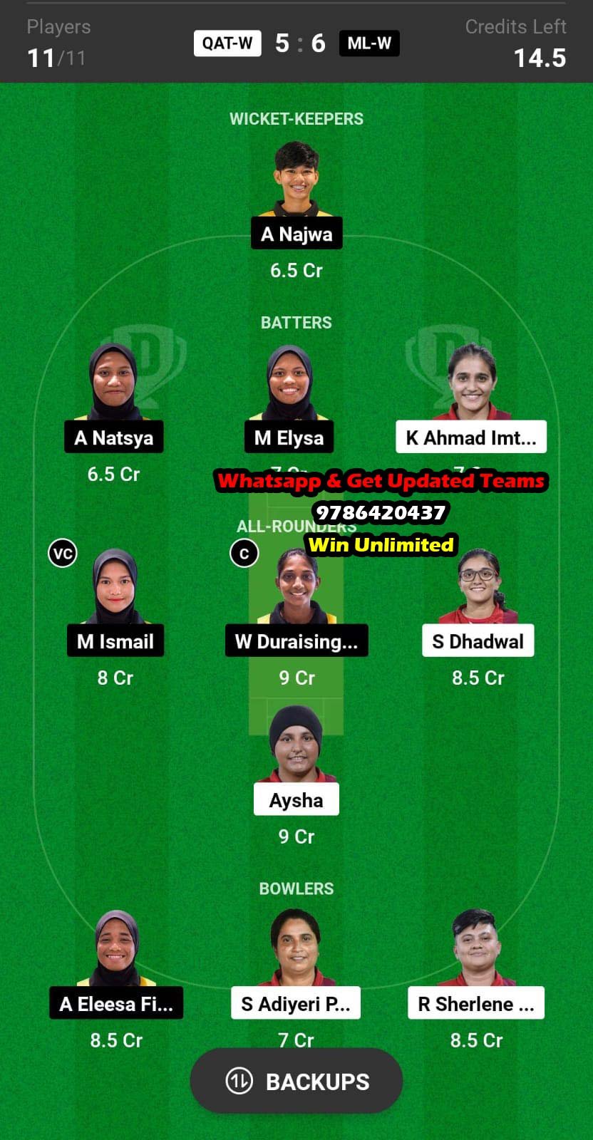 QAT-W vs ML-W 21st Match Dream11 Team fantasy Prediction ICC Women's T20 WC Asia Qualifier 2023