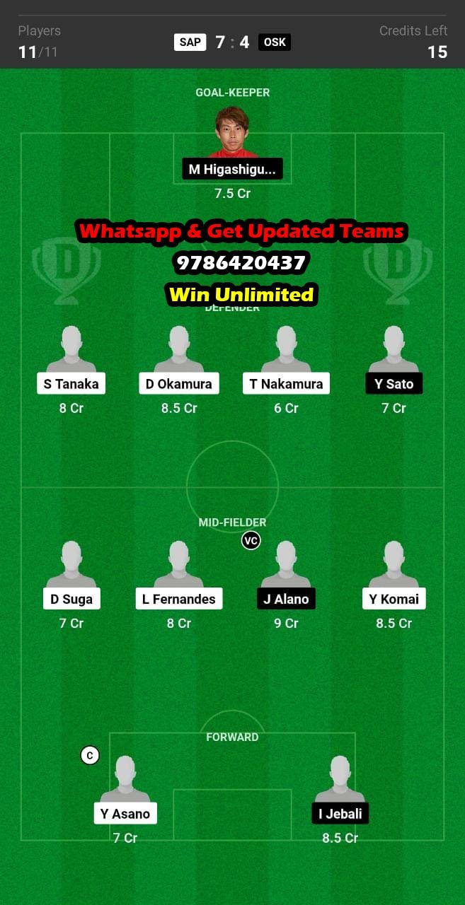 SAP vs OSK Dream11 Team fantasy Prediction J League