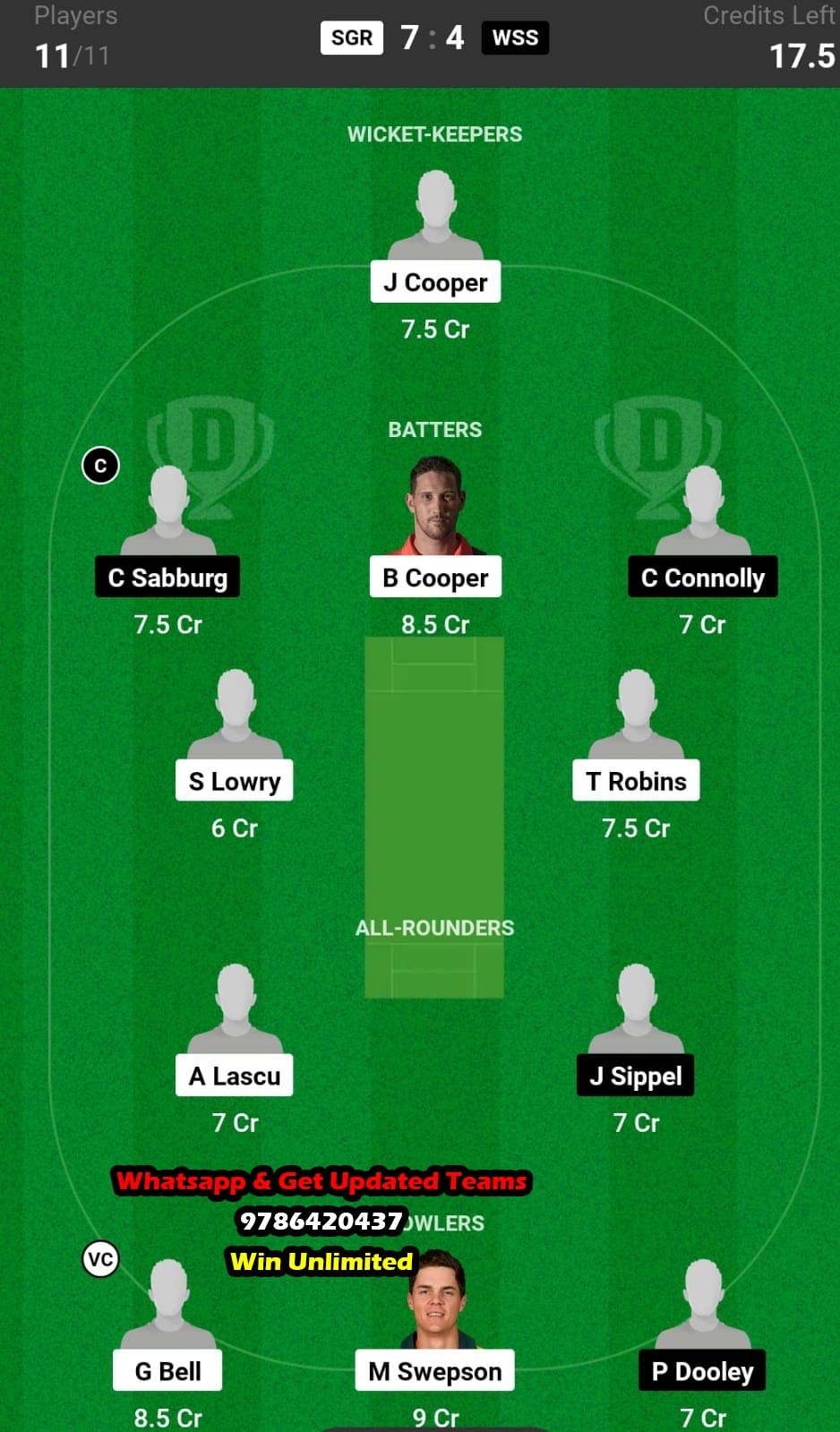 SGR vs WSS 33rd Match Dream11 Team fantasy Prediction Max T20 2023