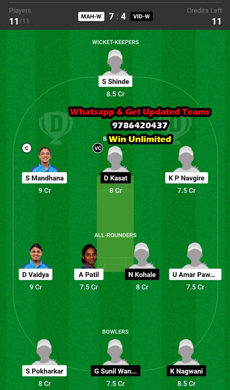 MAH-W vs VID-W 59th Match Dream11 Team fantasy Prediction Indian Women's Domestic T20 Trophy 2023