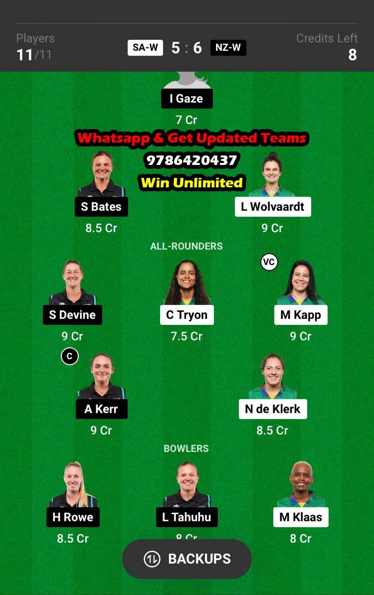 SA-W vs NZ-W 1st T20I Match Dream11 Team fantasy Prediction New Zealand Women tour of South Africa 2023