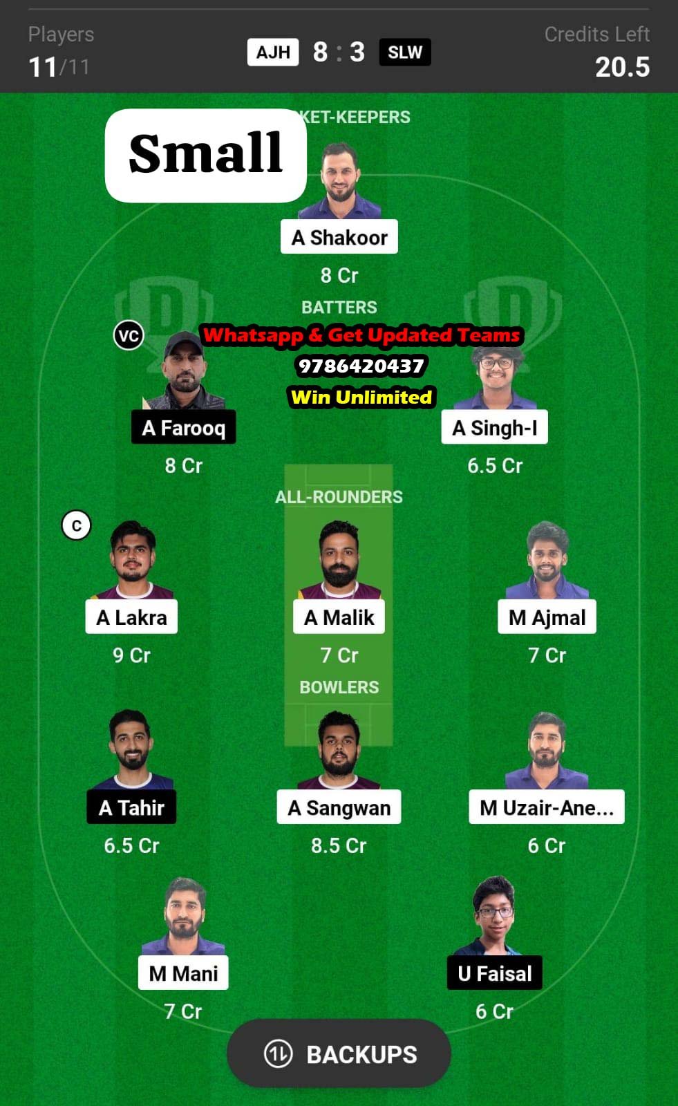 AJH vs SLW 43rd Match Dream11 Team fantasy Prediction ICCA Arabian T20 League 2023