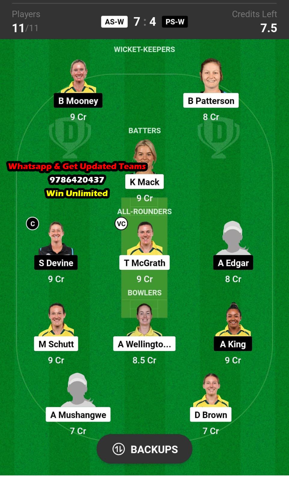 AS-W vs PS-W 53rd Match Dream11 Team fantasy Prediction Australian Women's T20 Bash 2023