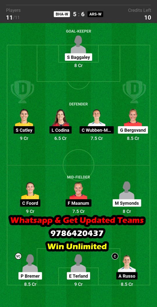 BHA-W vs ARS-W Dream11 Team fantasy Prediction Women's Super League