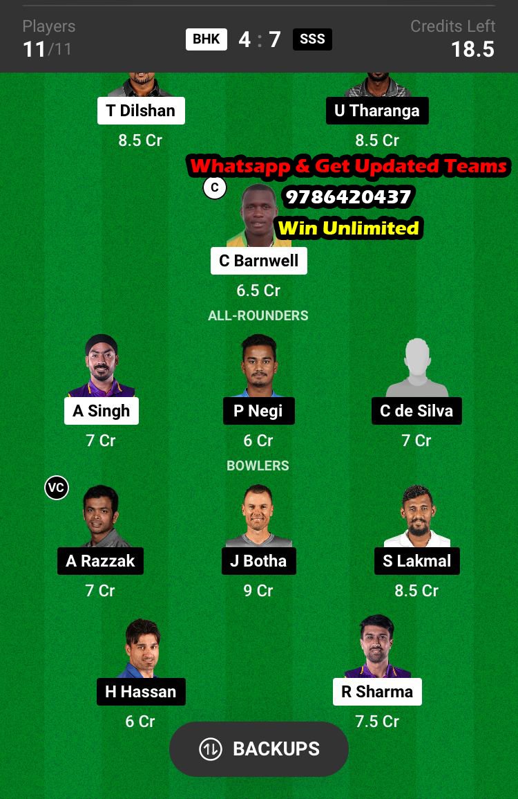 BHK vs SSS 10th Match Dream11 Team fantasy Prediction Legends League Cricket T20 2023