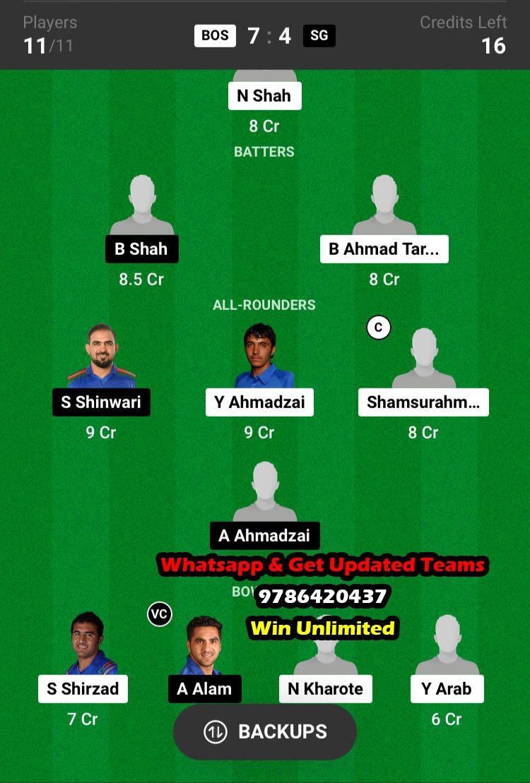 BOS vs SG 11th Match Dream11 Team fantasy Prediction Afghanistan Domestic One Day Cup 2023