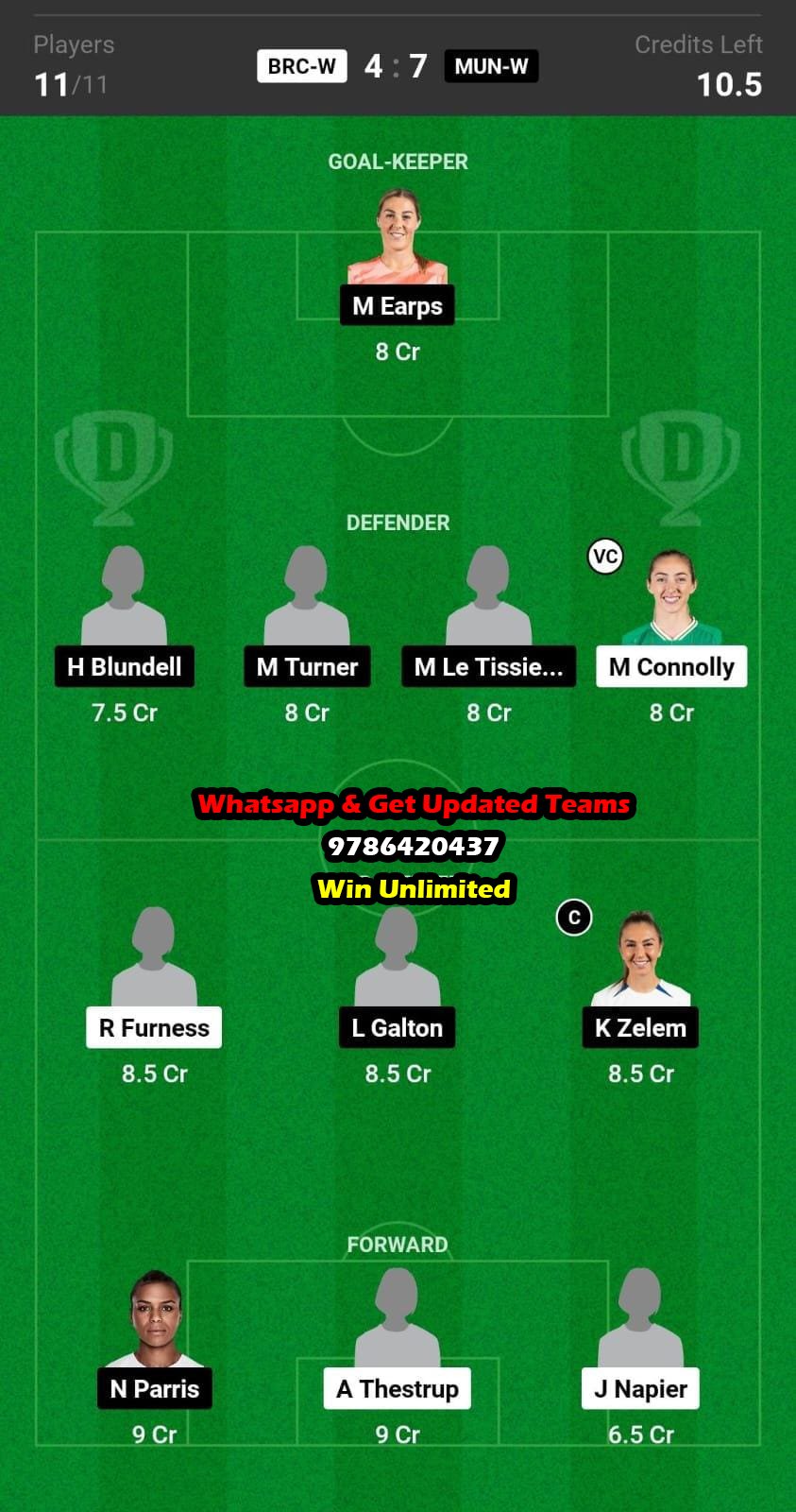 BRC-W vs MUN-W Dream11 Team fantasy Prediction Women's Super League