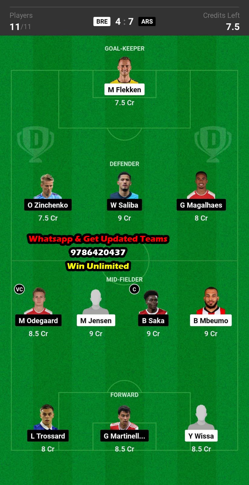 BRE vs ARS Dream11 Team fantasy Prediction Premier League