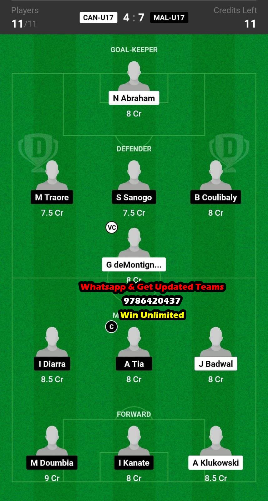 CAN-U17 vs MAL-U17 Dream11 Team fantasy Prediction U17 Mens Football World Cup