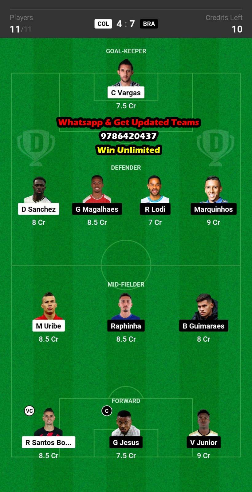 COL vs BRA Dream11 Team fantasy Prediction Conmebol World Cup Qualifiers