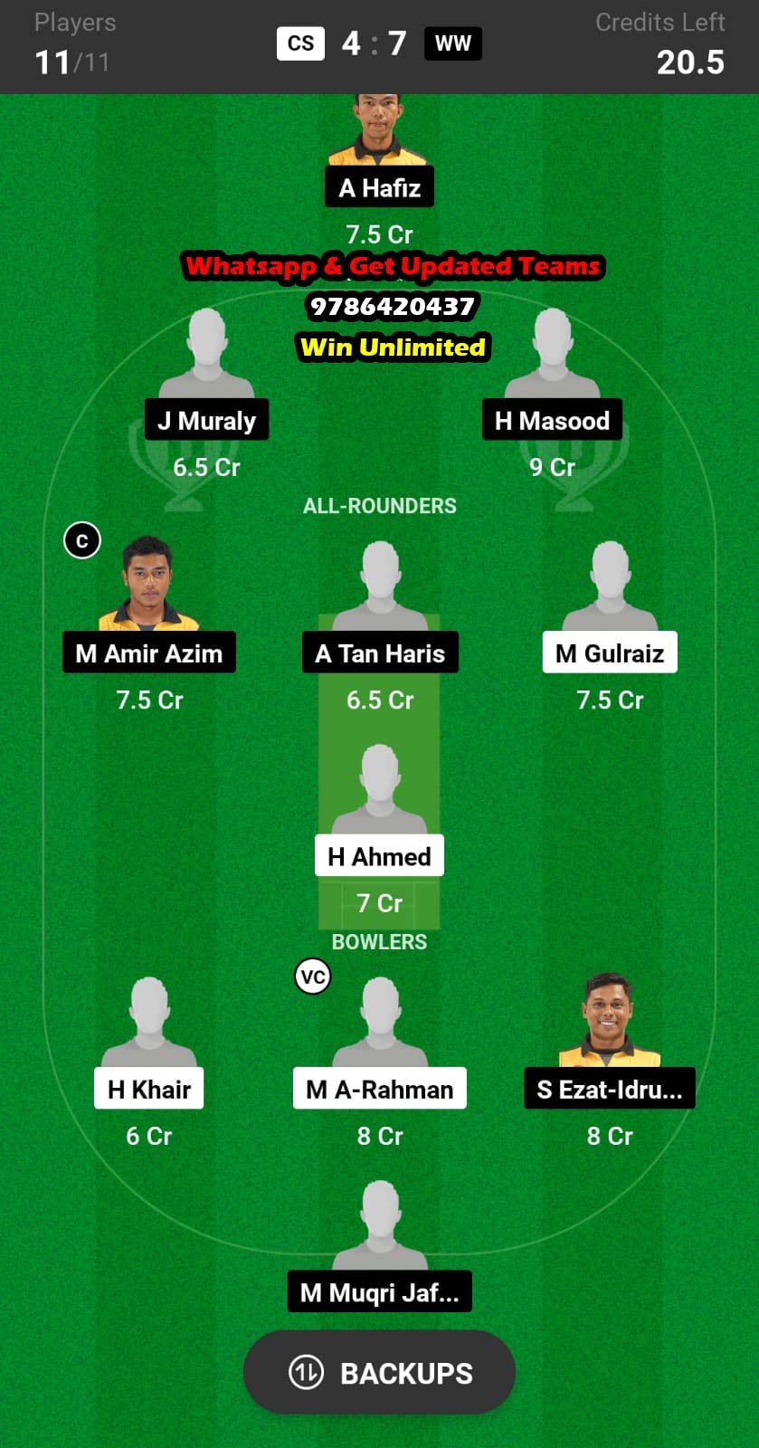 CS vs WW 5th Match Dream11 Team fantasy Prediction MCA 50 Overs Championship