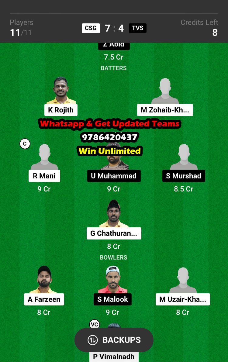 CSG vs TVS 1st Semi-Final Match Dream11 Team fantasy Prediction CBFS T10 League 2023