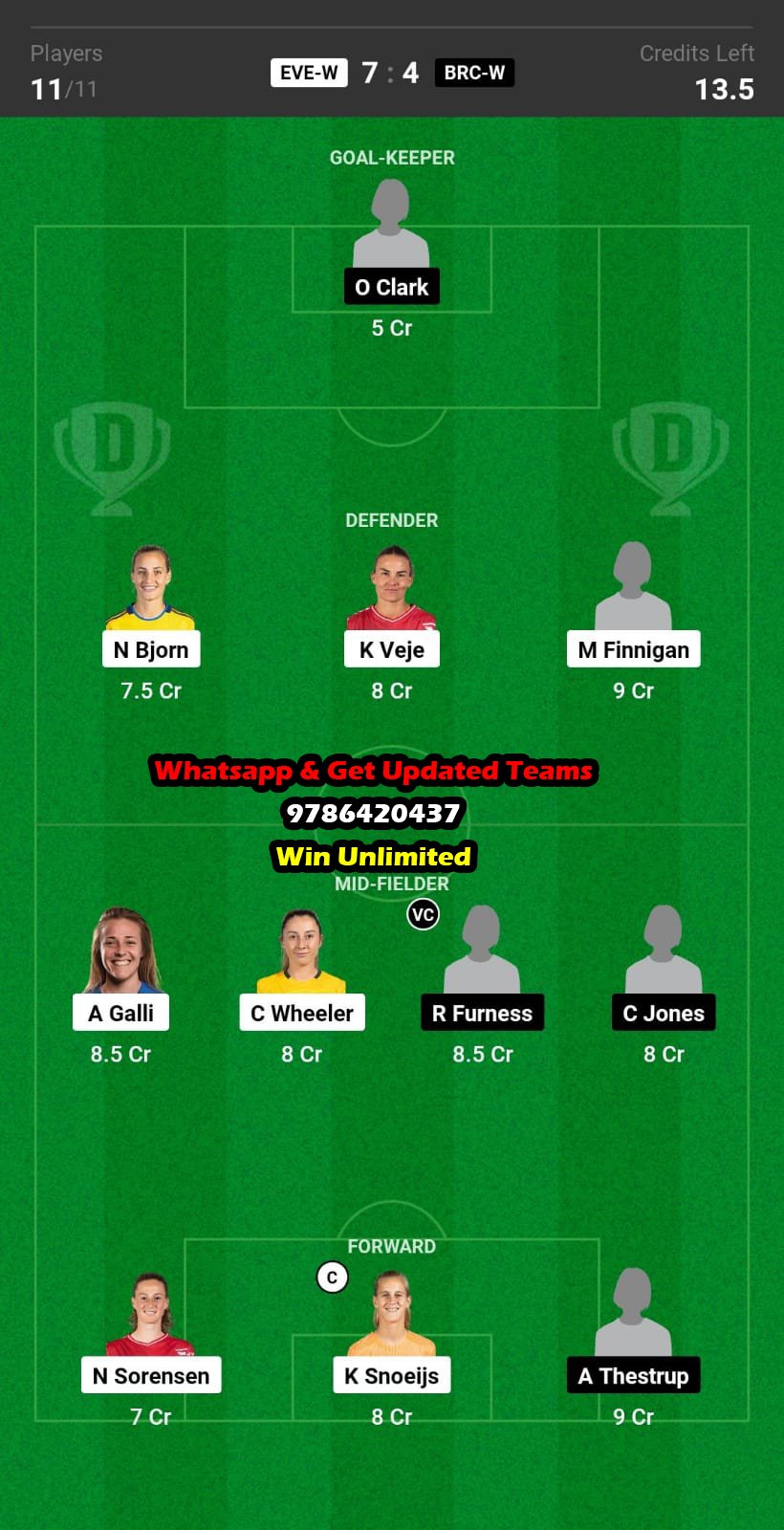 EVE-W vs BRC-W Dream11 Team fantasy Prediction Women's Super League