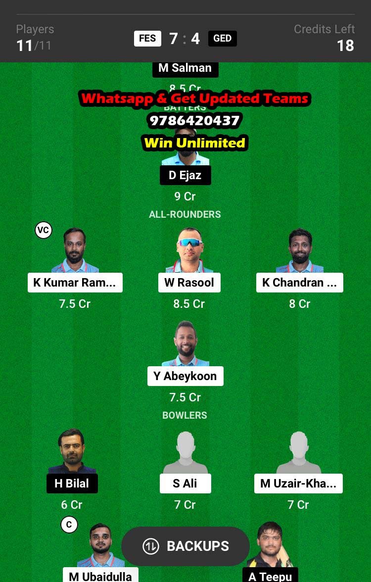 FES vs GED 50th Match Dream11 Team fantasy Prediction ICCA Arabian T20 League