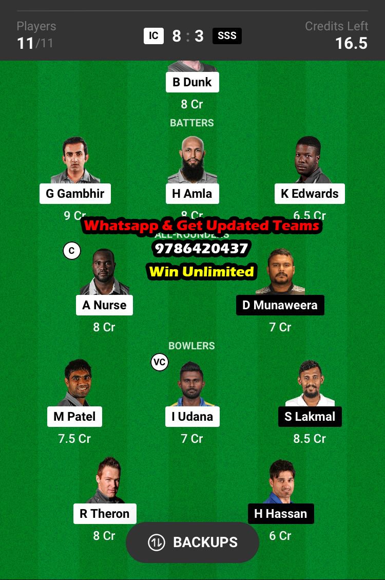 IC vs SSS 7th Match Dream11 Team fantasy Prediction Legends League Cricket T20 2023