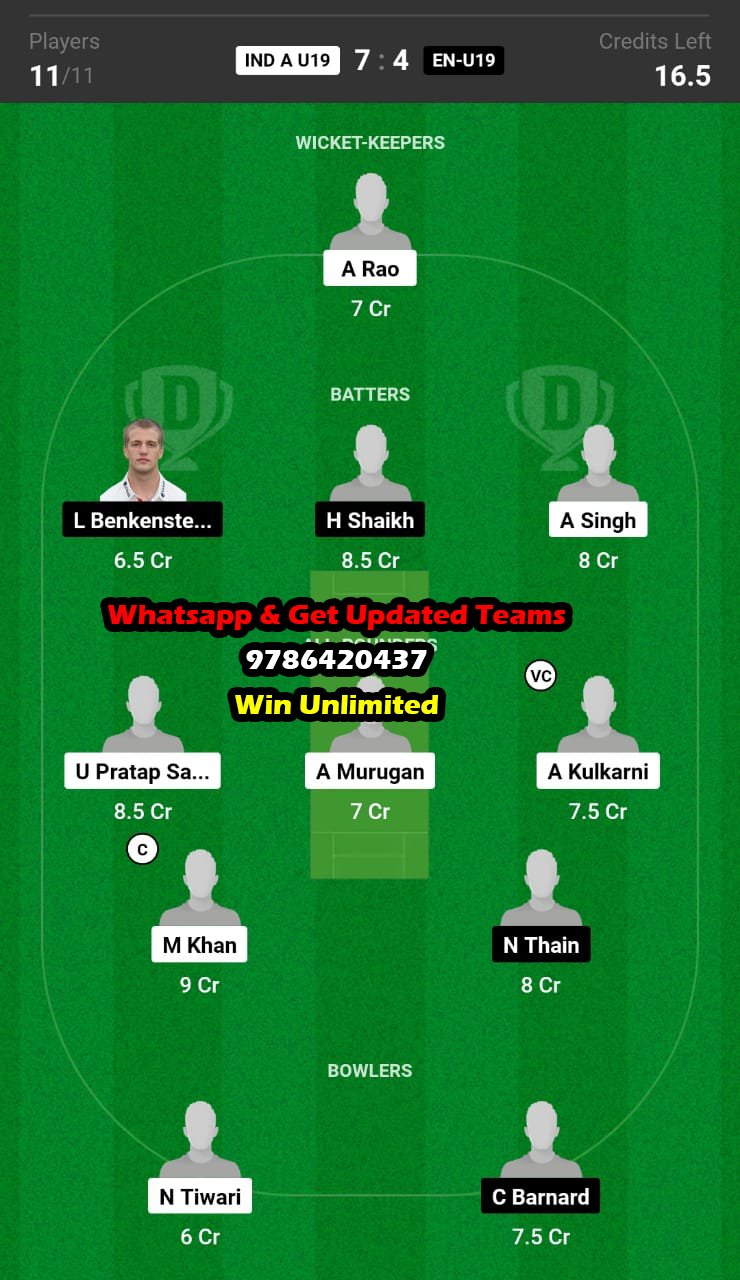 IND A U19 vs EN-U19 9th Match Dream11 Team fantasy Prediction Quadrangular Under-U19 OD 2023