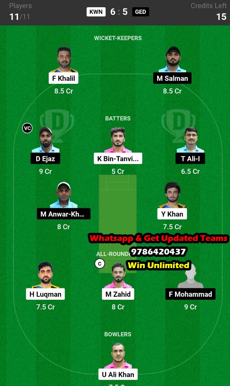 KWN vs GED 54th Match Dream11 Team fantasy Prediction ICCA Arabian T20 League 2023