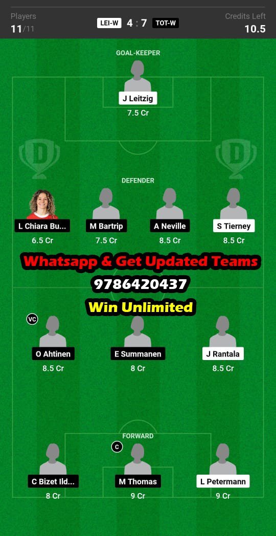 LEI-W vs TOT-W Dream11 Team fantasy Prediction Women's Super League