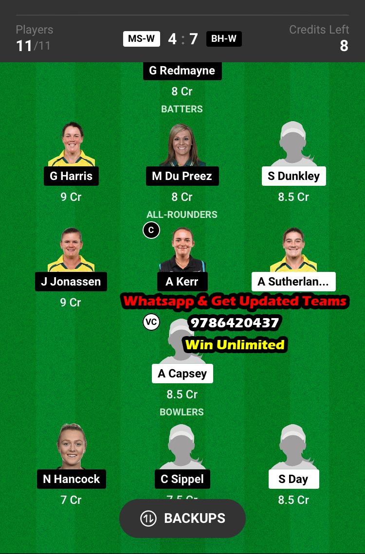 MS-W vs BH-W 47th Match Dream11 Team fantasy Prediction Australian Women's T20 Bash 2023