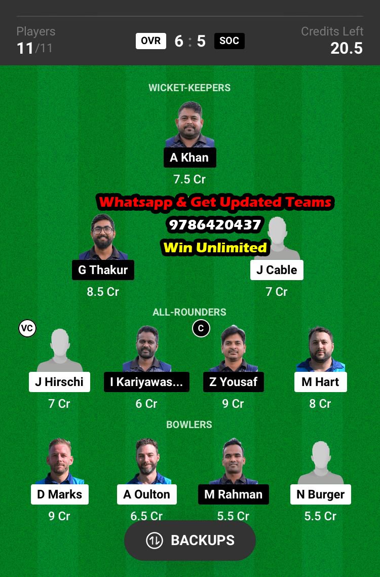 OVR vs SOC 43th Match Dream11 Team fantasy Prediction ECS Malta T10 2023