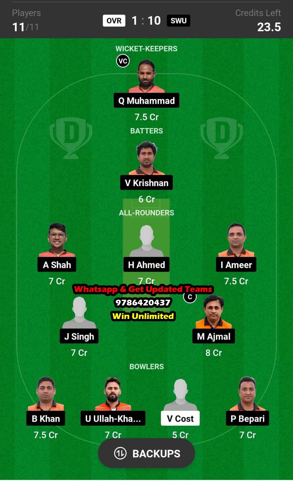 OVR vs SWU 33rd Match Dream11 Team fantasy Prediction ECS Malta T10 2023