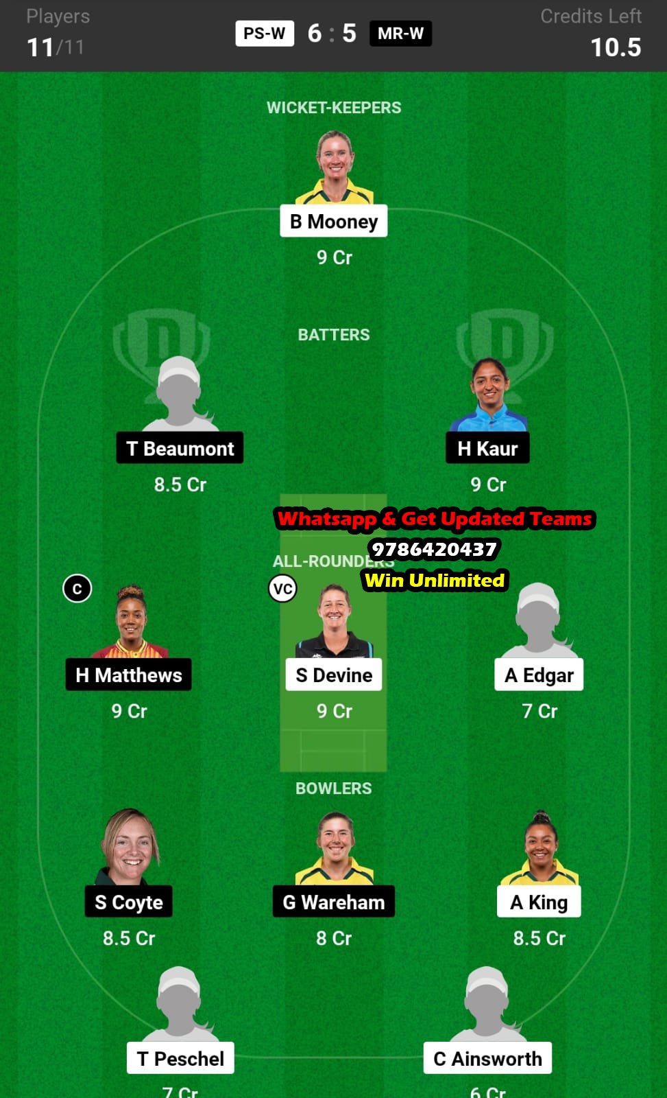 PS-W vs MR-W 22nd Match Dream11 Team fantasy Prediction Australian Women's T20 Bash 2023