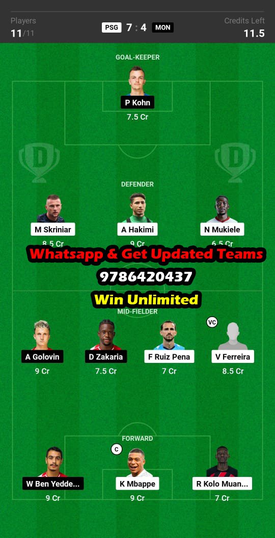 PSG vs MON Dream11 Team fantasy Prediction Ligue 1