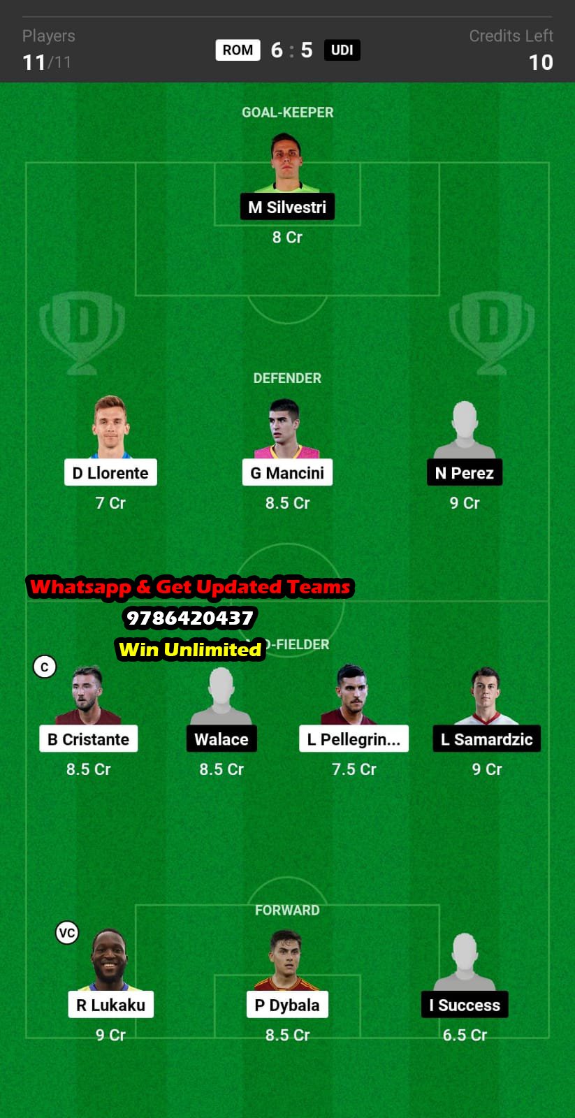 ROM vs UDI Dream11 Team fantasy Prediction Serie A