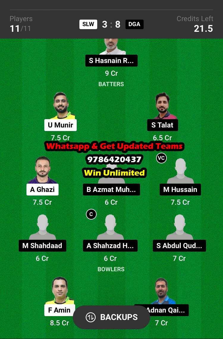 SLW vs DGA 52nd Match Dream11 Team fantasy Prediction ICCA Arabian T20 League 2023