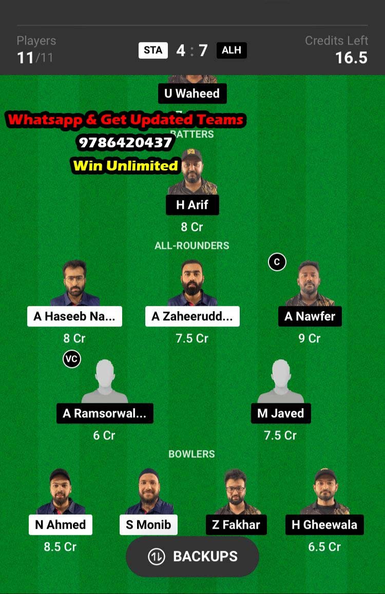 STA vs ALH 11th Match Dream11 Team fantasy Prediction Kuwait T20 Elite Cup 2023