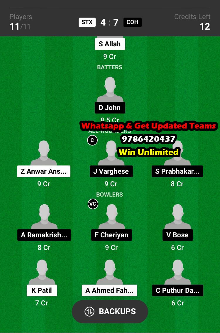 STX vs COH 22nd Match Dream11 Team fantasy Prediction KCC T20 Challengers Cup 2023