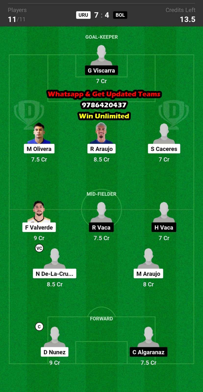 URU vs BOL Dream11 Team fantasy Prediction Conmebol World Cup Qualifiers