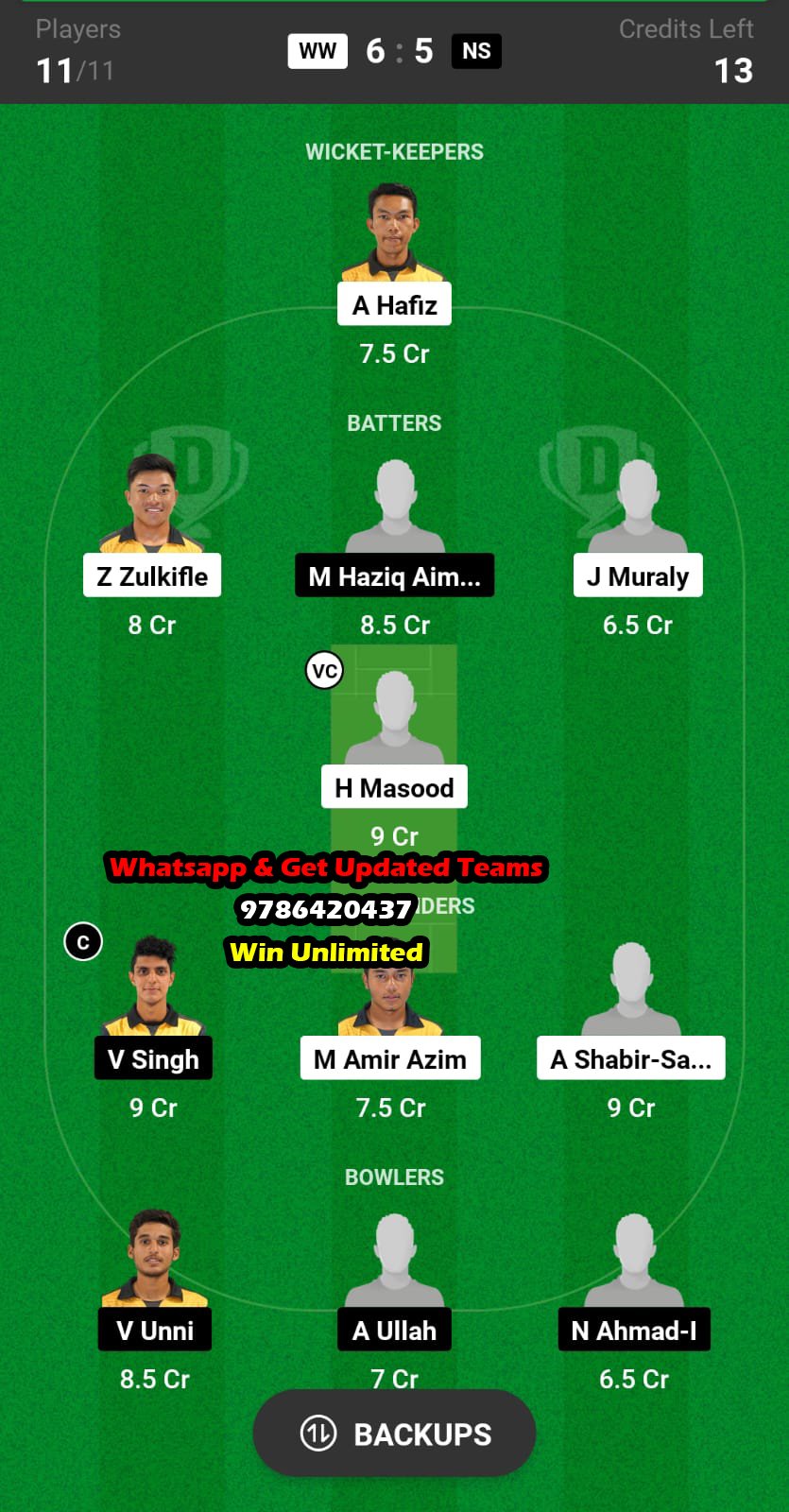 WW vs NS 7th Match Dream11 Team fantasy Prediction MCA 50 Overs Championship 2023