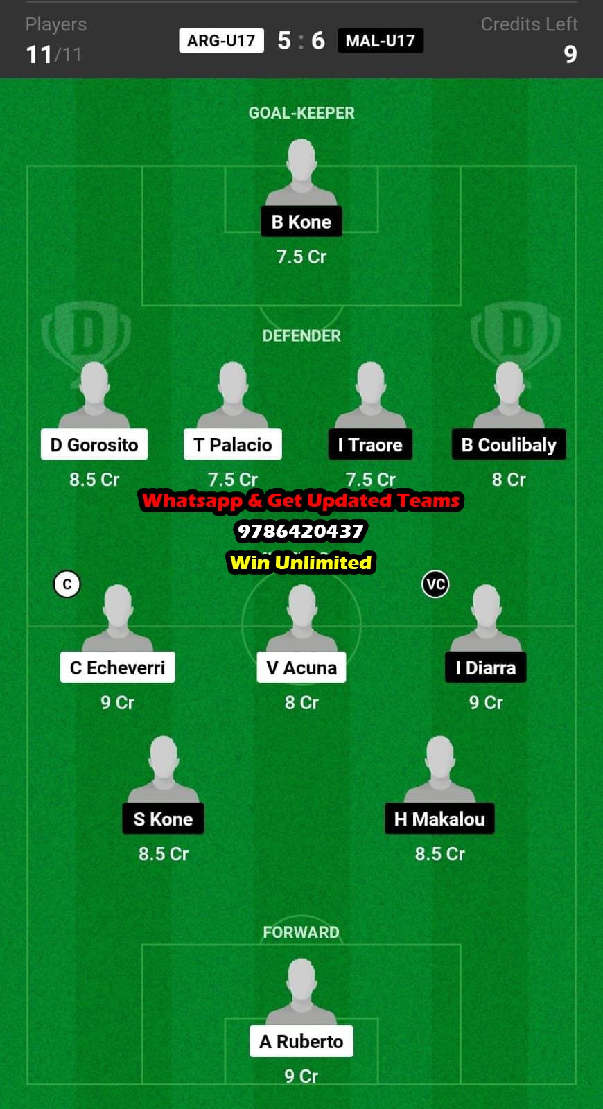 ARG-U17 vs MAL-U17 Dream11 Team fantasy Prediction U17 Mens Football World Cup